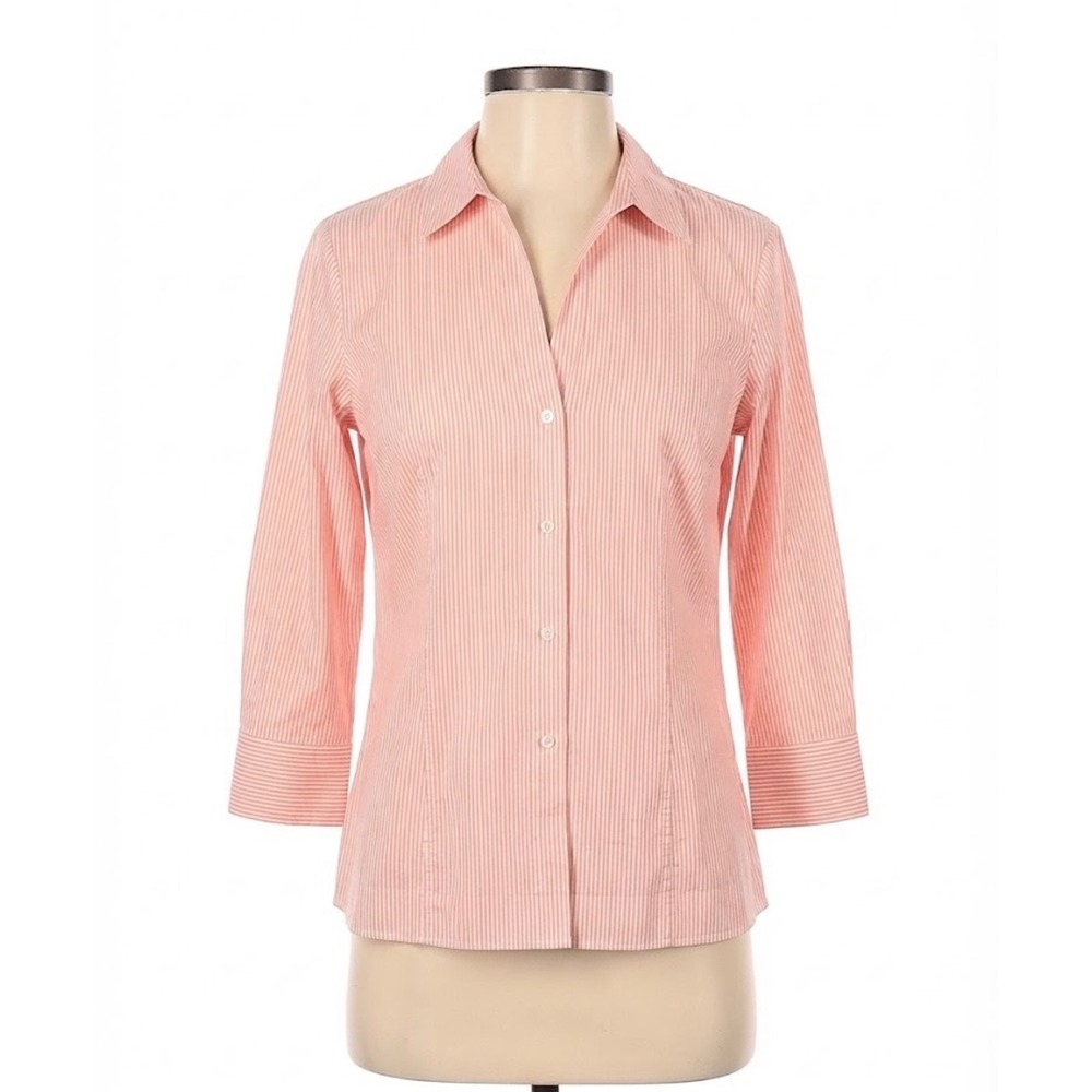 Lafayette 148 New York Salmon Pink White Striped 3/4 Sleeve Blouse Size 16